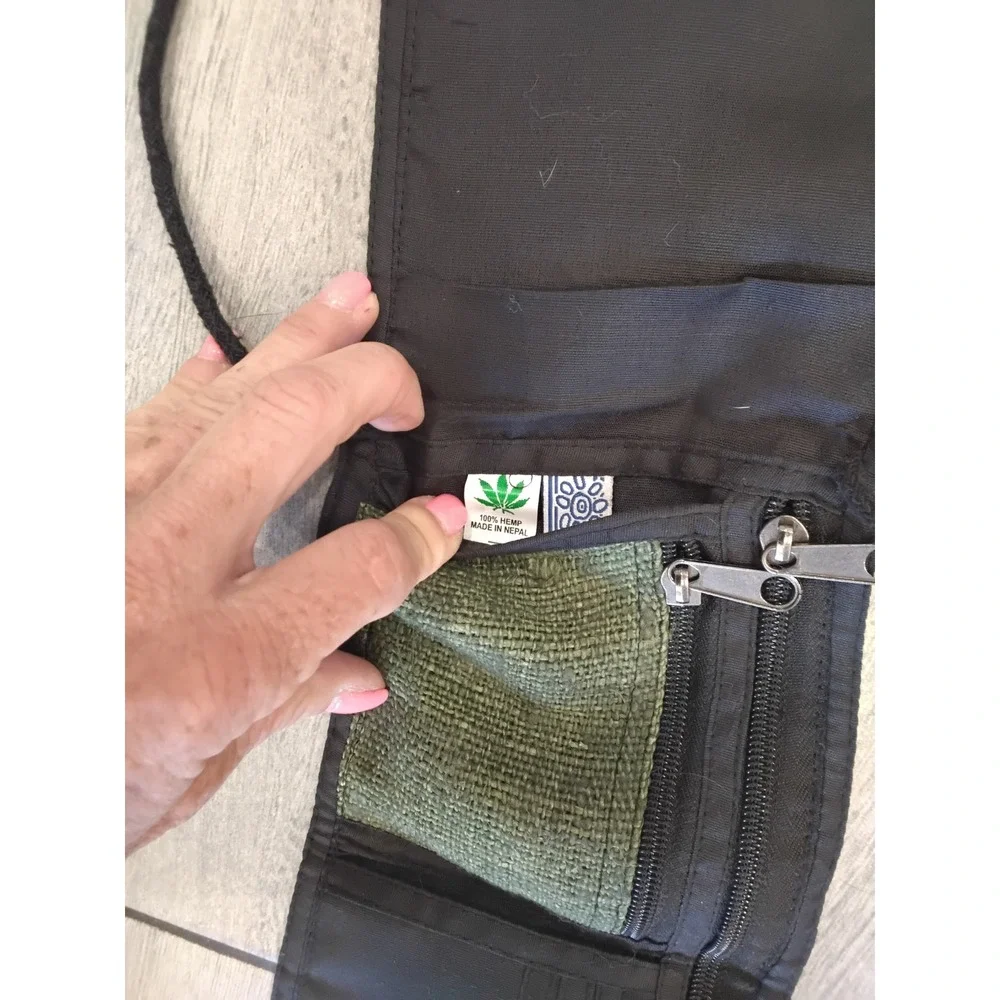 100% Hemp Crossbody Neck Wallet Olive Green Travel Pouch Made in Nepal Boho
